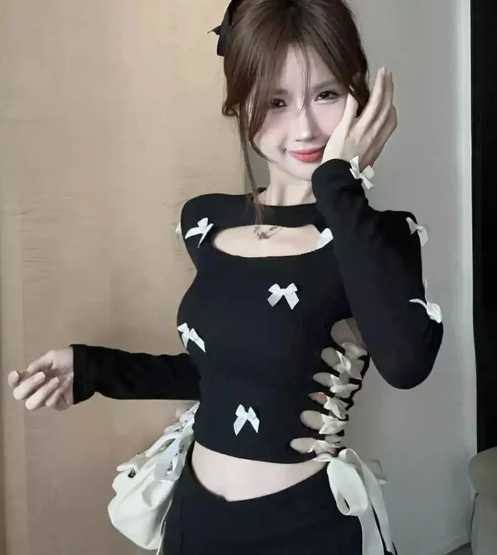 Multi Bow Lace-up Cut-out Top fashionnsio