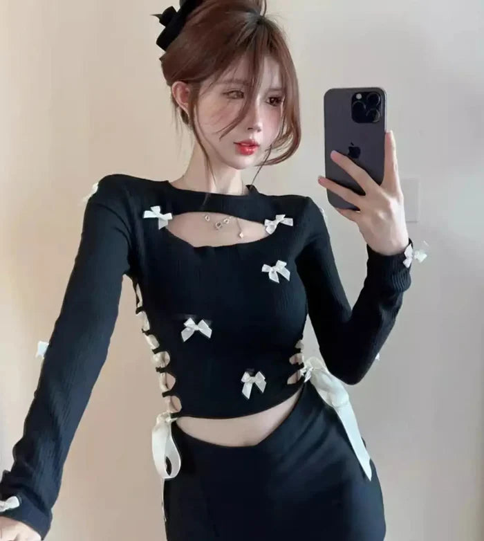 Multi Bow Lace-up Cut-out Top fashionnsio