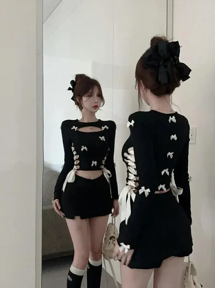 Multi Bow Lace-up Cut-out Top fashionnsio