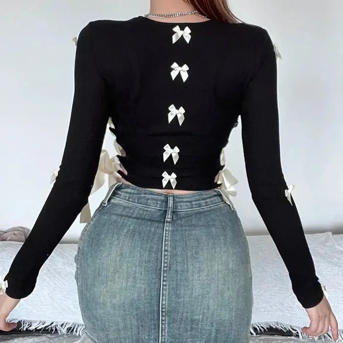 Multi Bow Lace-up Cut-out Top fashionnsio