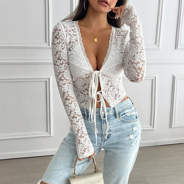 Lace V-neck Lace-up Top/Cardigan fashionnsio