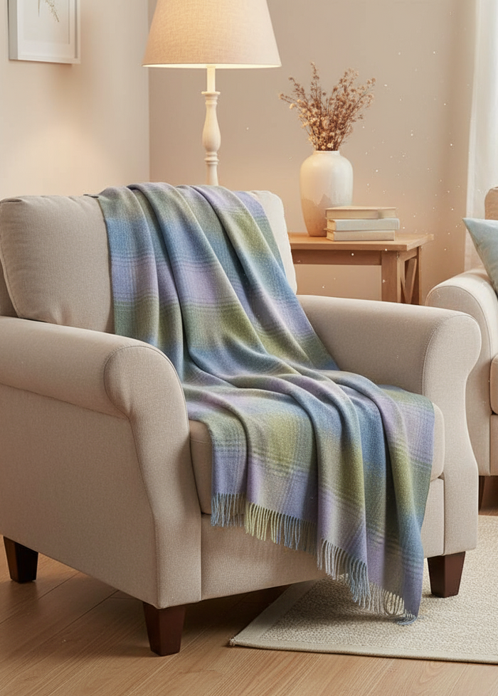 Lambswool Throw Blue Green Lilac Herringbone Check