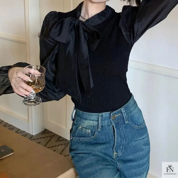 Lantern Sleeve Ribbon Bow Top - Fashionnsio
