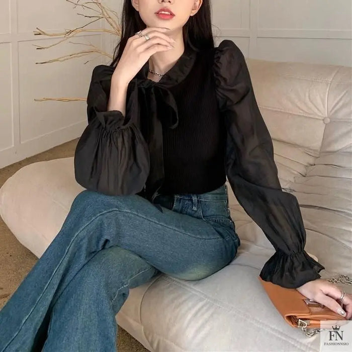 Lantern Sleeve Ribbon Bow Top - Fashionnsio