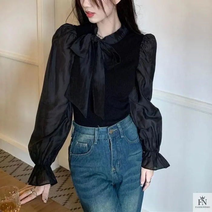 Lantern Sleeve Ribbon Bow Top - Fashionnsio