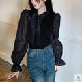 Lantern Sleeve Ribbon Bow Top - Fashionnsio