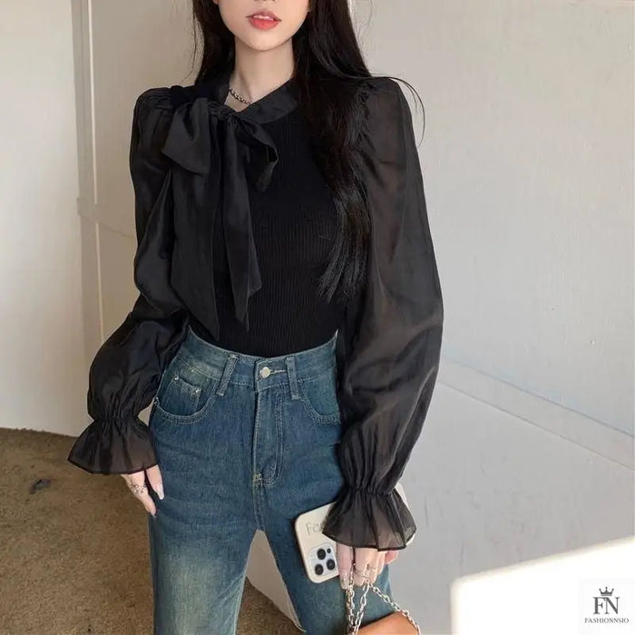 Lantern Sleeve Ribbon Bow Top - Fashionnsio