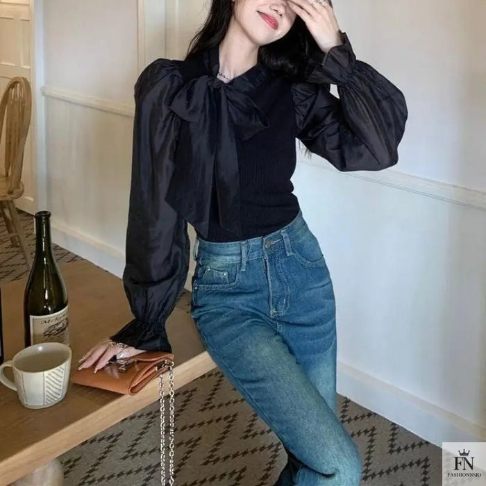 Lantern Sleeve Ribbon Bow Top - Fashionnsio