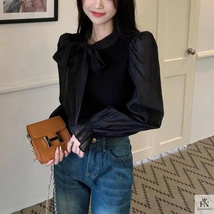 Lantern Sleeve Ribbon Bow Top - Fashionnsio