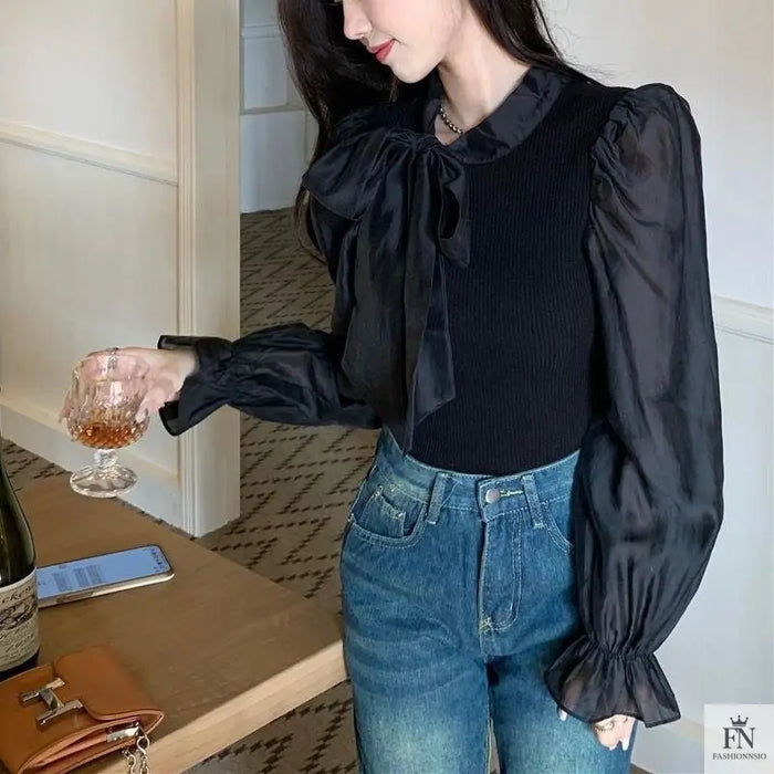 Lantern Sleeve Ribbon Bow Top - Fashionnsio