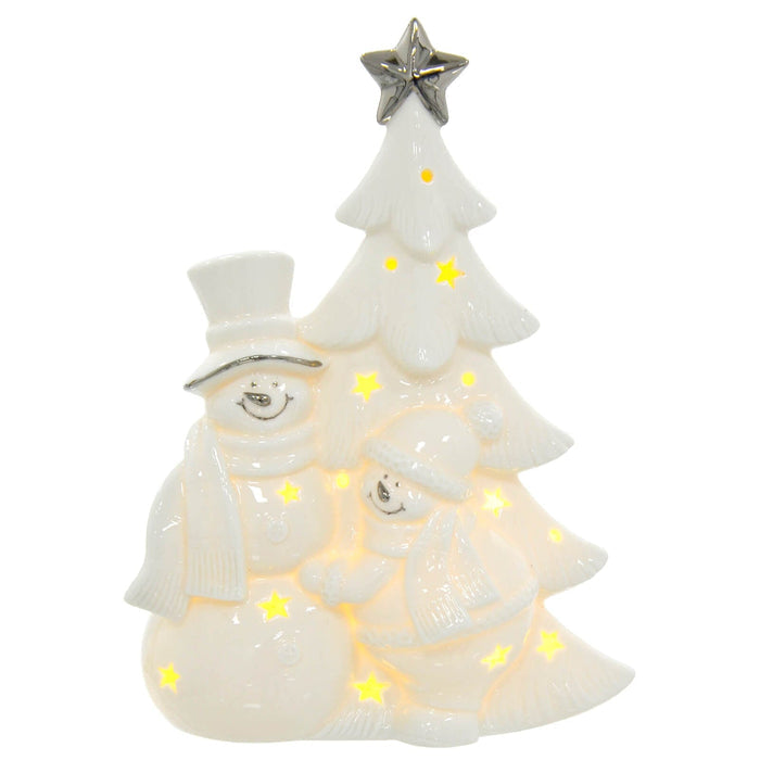 LED Snowman With Christmas Tree Decoration White Ceramic 23cm