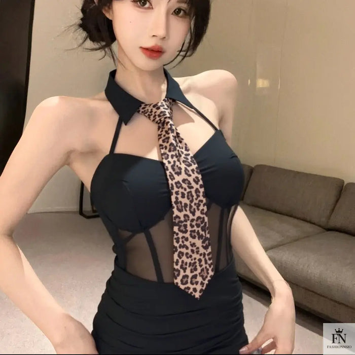 Leopard Print Tie Bodycon Dress - Fashionnsio