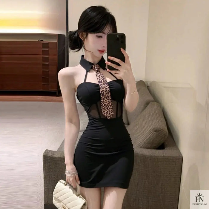 Leopard Print Tie Bodycon Dress - Fashionnsio