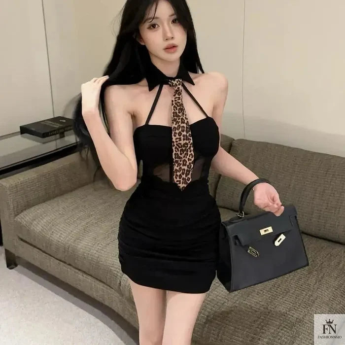 Leopard Print Tie Bodycon Dress - Fashionnsio