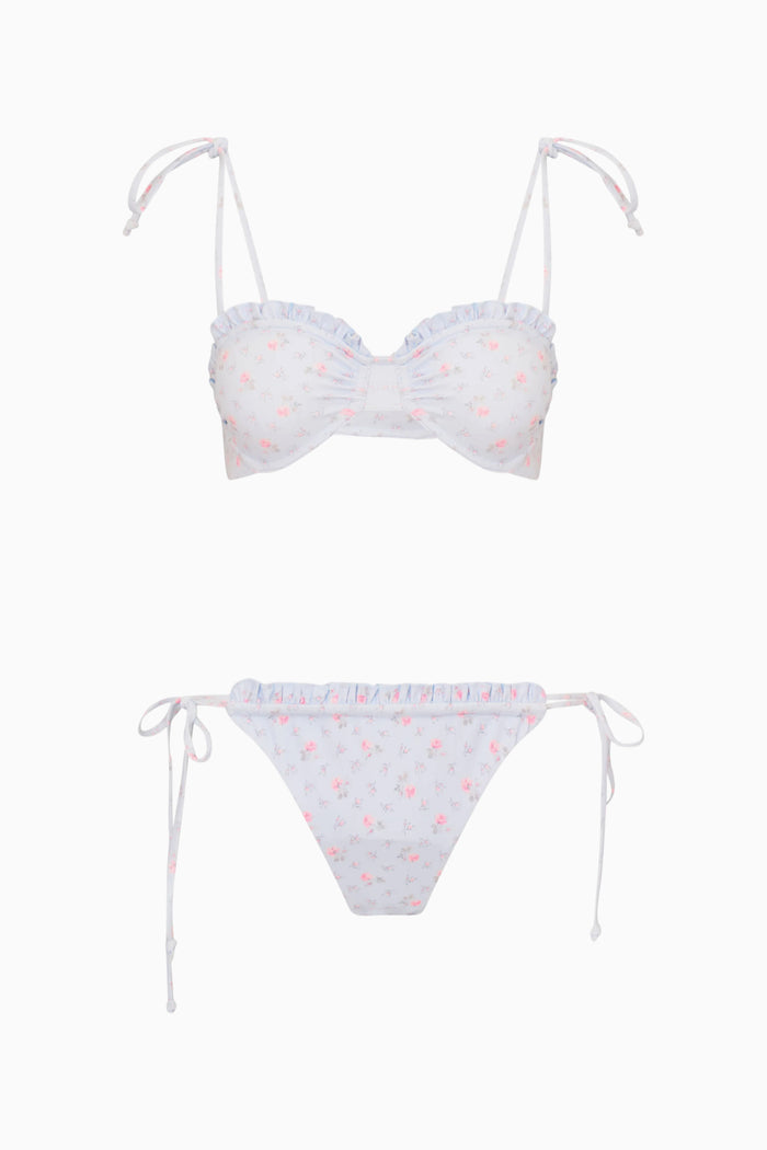 Blue bikini set with small pattern on a white background