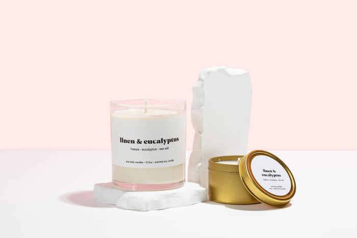 Linen and Eucalyptus Soy Candle 4oz Gold Tin
