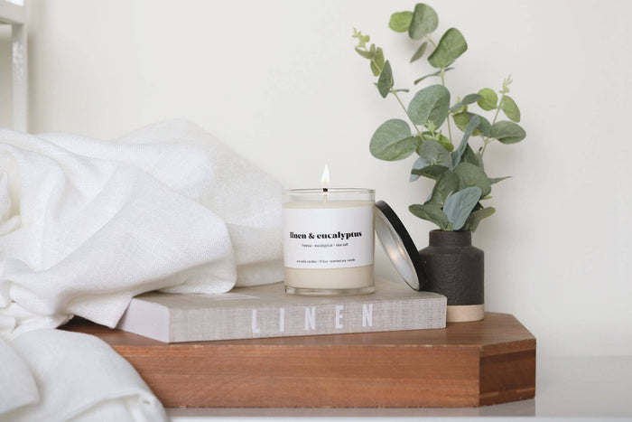 Linen and Eucalyptus Soy Candle 4oz Gold Tin