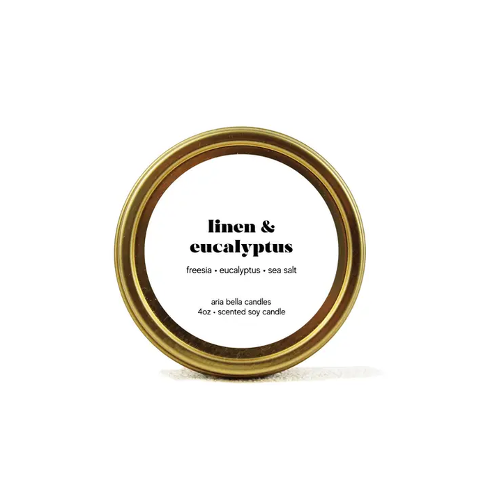 Linen and Eucalyptus Soy Candle 4oz Gold Tin