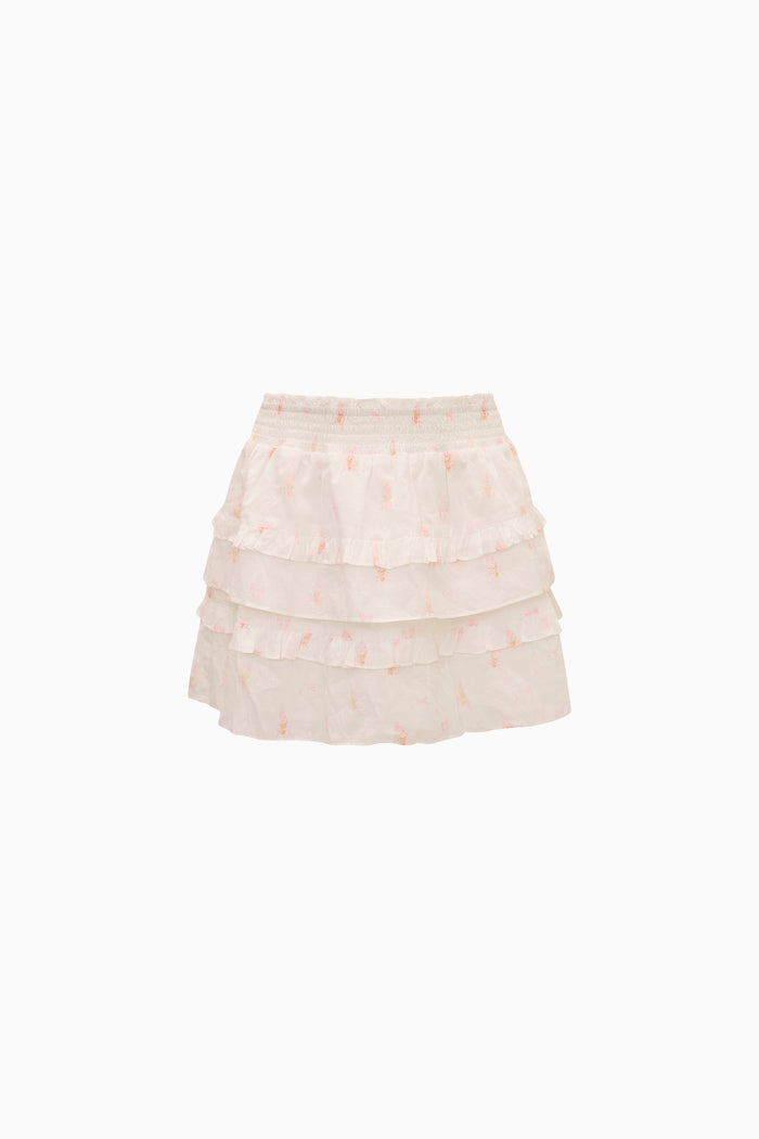 White with small flower print ruffle mini skirt