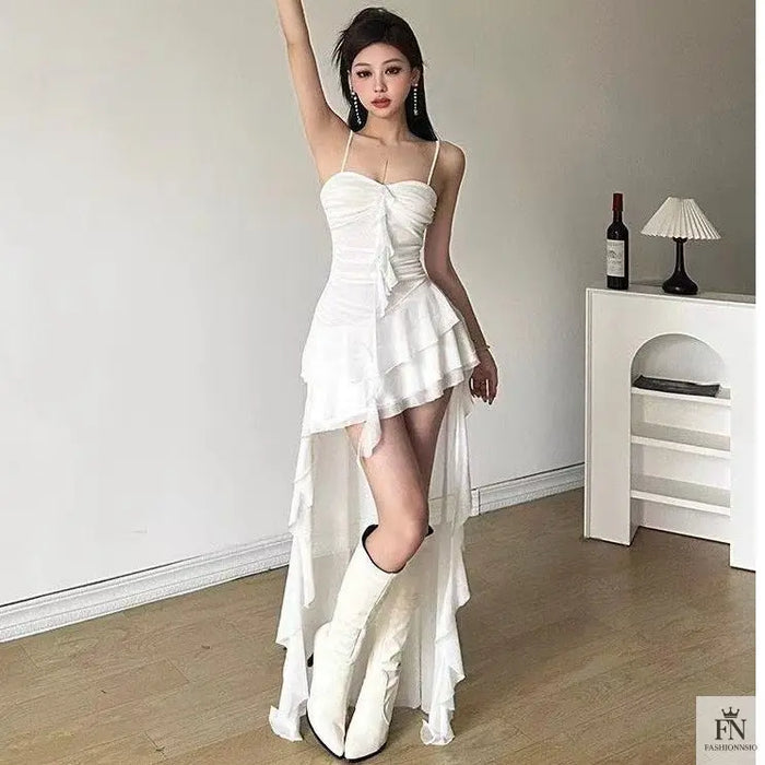 Long Asymmetric Ruffle Dress - Fashionnsio