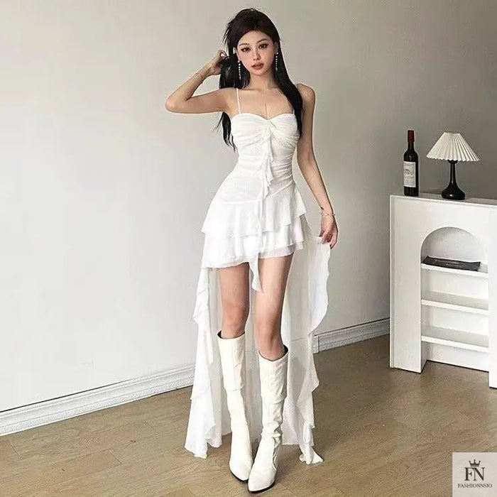 Long Asymmetric Ruffle Dress - Fashionnsio