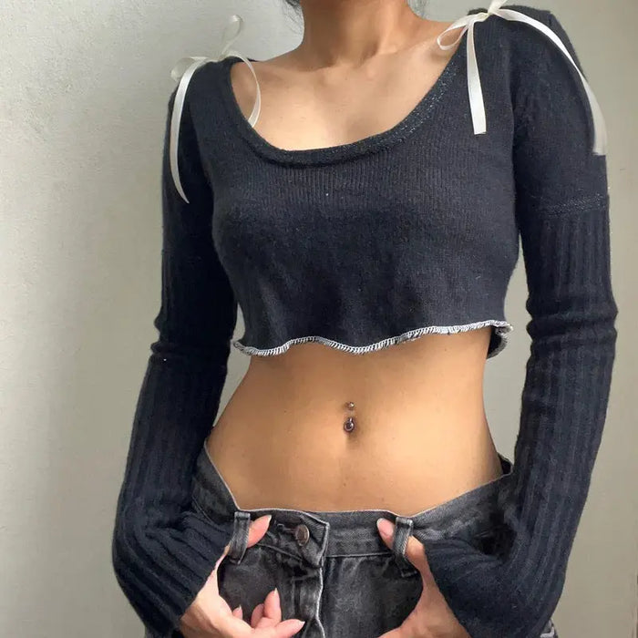Bow Long Sleeve Crop Top fashionnsio