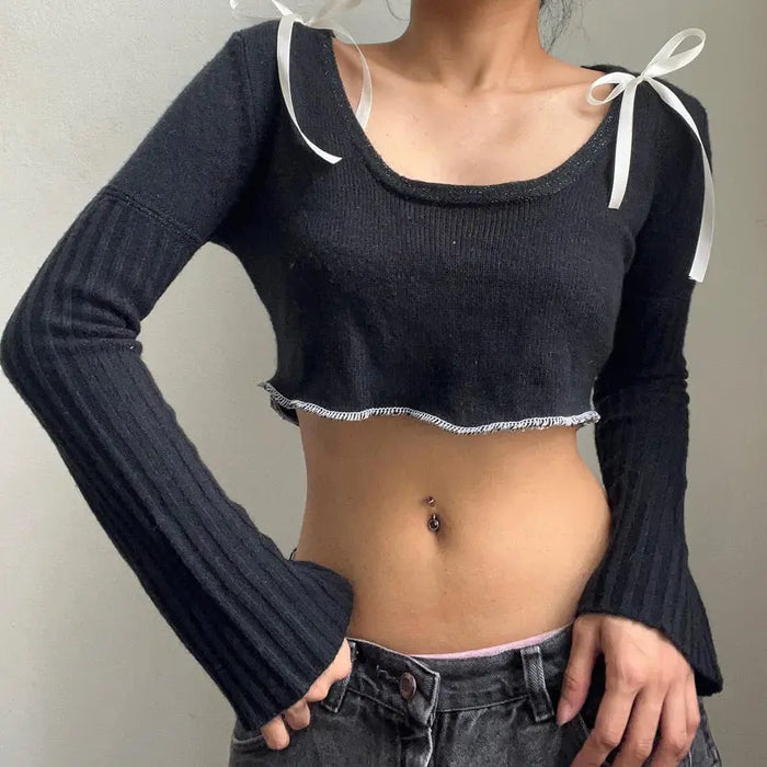 Bow Long Sleeve Crop Top fashionnsio