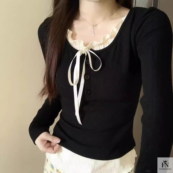 Long sleeve Bow Korean Top fashionnsio
