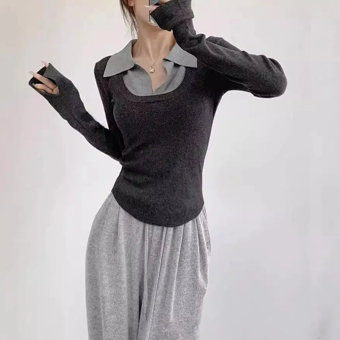Y2K Fake Two Piece Collar Knitted Top fashionnsio
