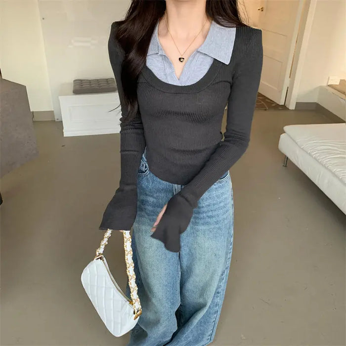 Y2K Fake Two Piece Collar Knitted Top fashionnsio