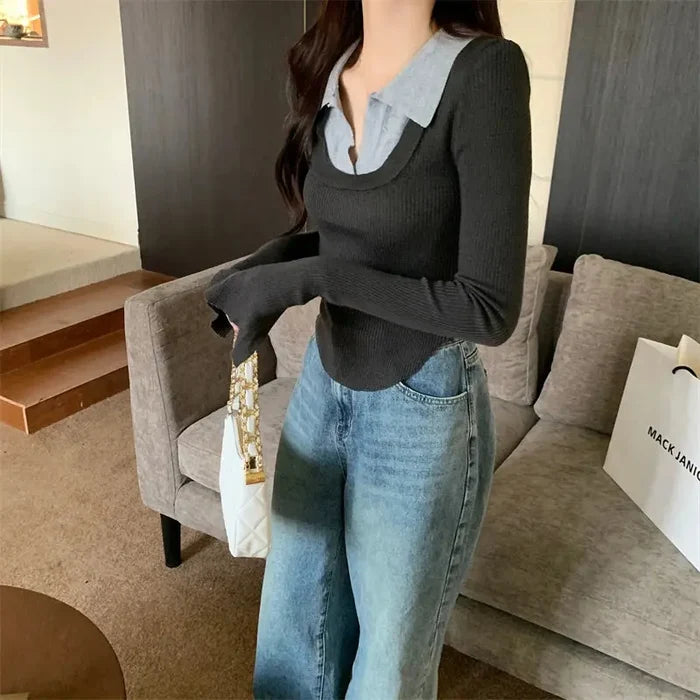 Y2K Fake Two Piece Collar Knitted Top fashionnsio