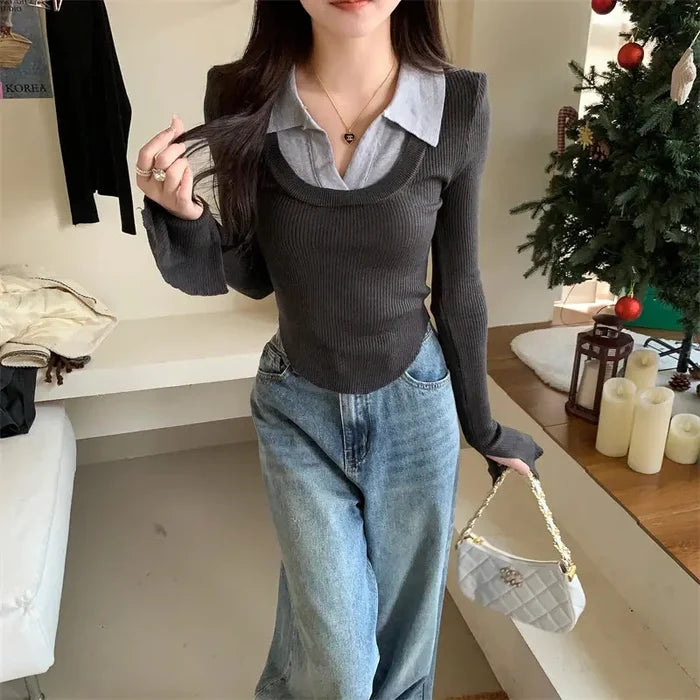 Y2K Fake Two Piece Collar Knitted Top fashionnsio