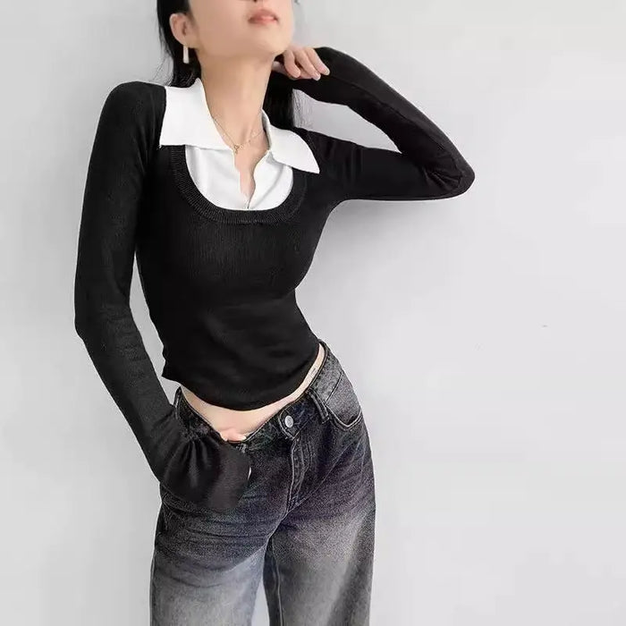 Y2K Fake Two Piece Collar Knitted Top fashionnsio