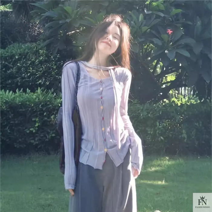 Long Sleeve Knitted Top With Scarf - Fashionnsio