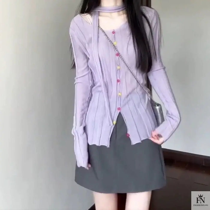 Long Sleeve Knitted Top With Scarf - Fashionnsio