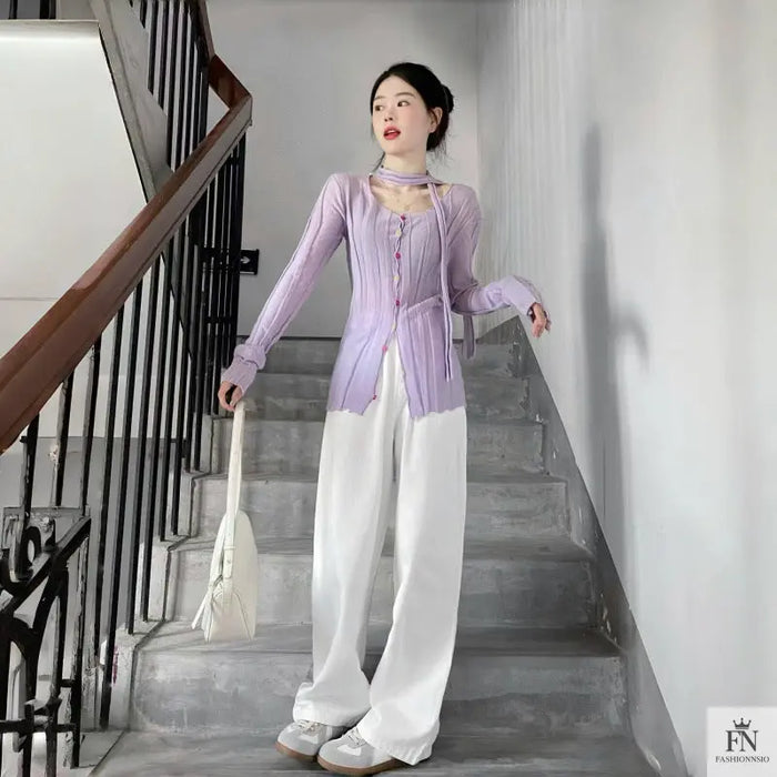Long Sleeve Knitted Top With Scarf - Fashionnsio