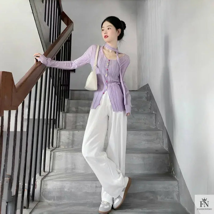 Long Sleeve Knitted Top With Scarf - Fashionnsio