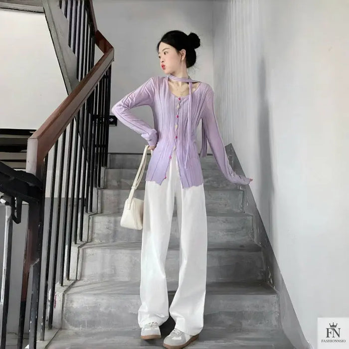 Long Sleeve Knitted Top With Scarf - Fashionnsio