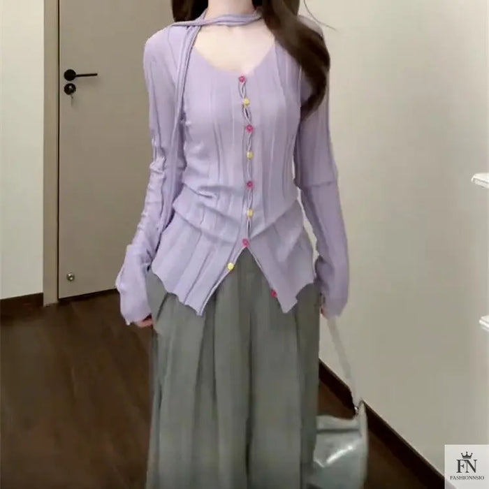 Long Sleeve Knitted Top With Scarf - Fashionnsio