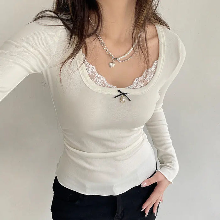 Long Sleeve Bow Lace Ribbed Top fashionnsio
