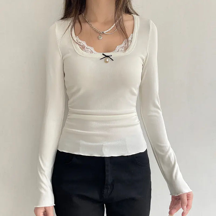 Long Sleeve Bow Lace Ribbed Top fashionnsio