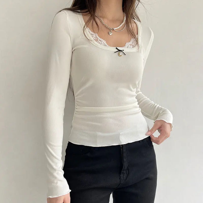 Long Sleeve Bow Lace Ribbed Top fashionnsio