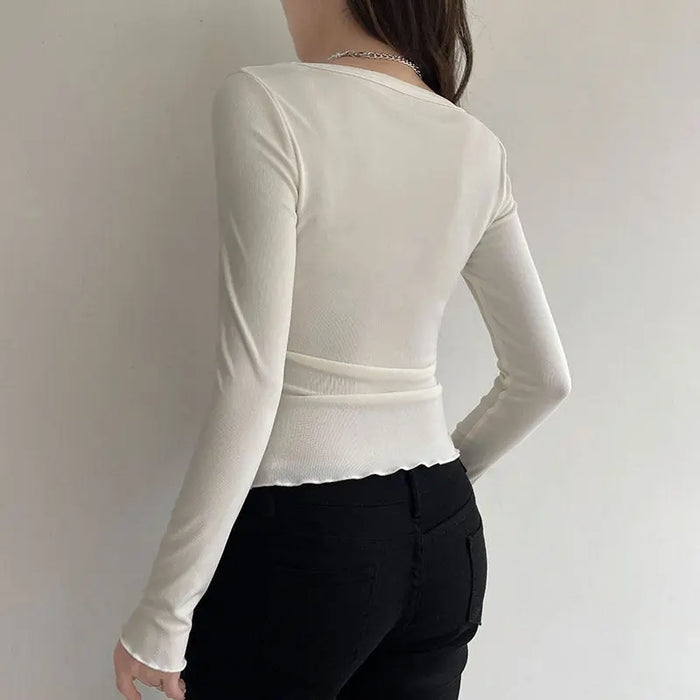 Long Sleeve Bow Lace Ribbed Top fashionnsio