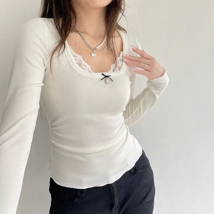 Long Sleeve Bow Lace Ribbed Top fashionnsio