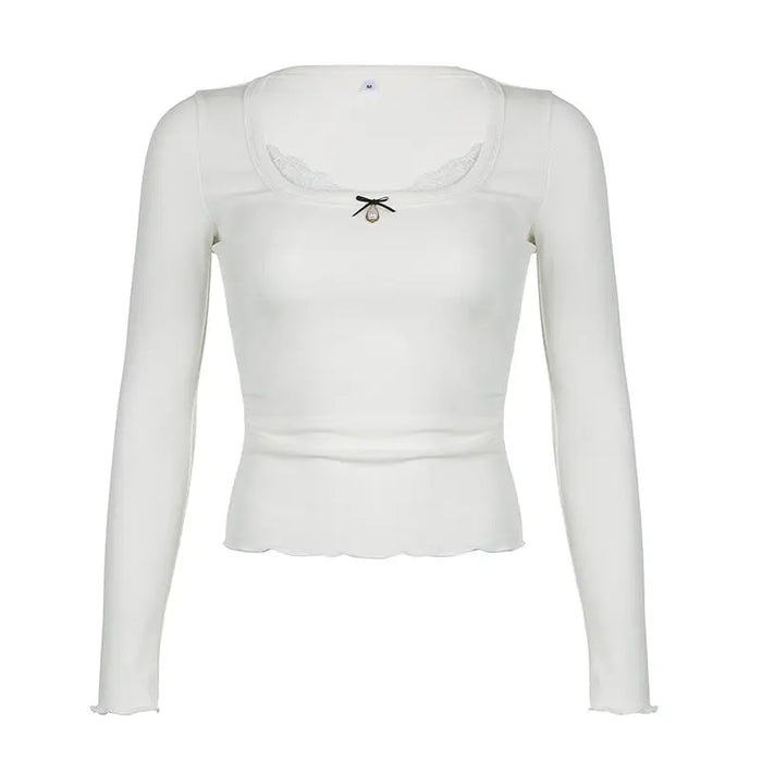 Long Sleeve Bow Lace Ribbed Top fashionnsio