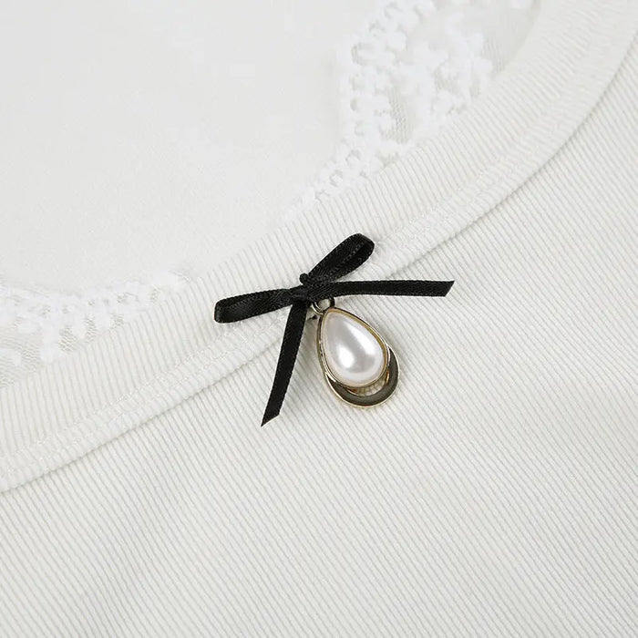 Long Sleeve Bow Lace Ribbed Top fashionnsio