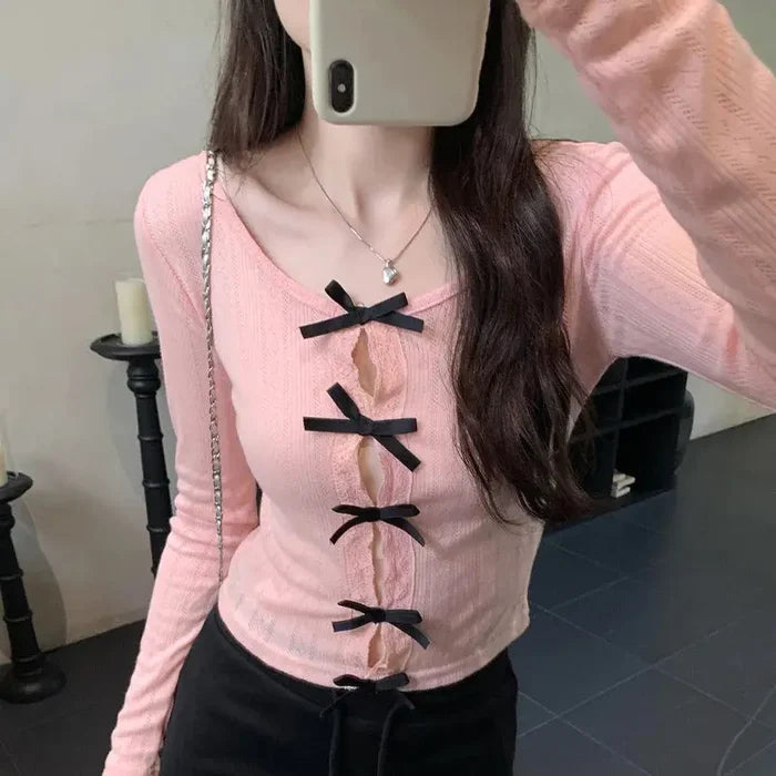Bow Knitted Long Sleeve Coquette Top fashionnsio