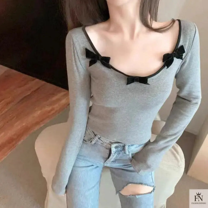 Long Sleeve Slim Fit Bow Top - Fashionnsio