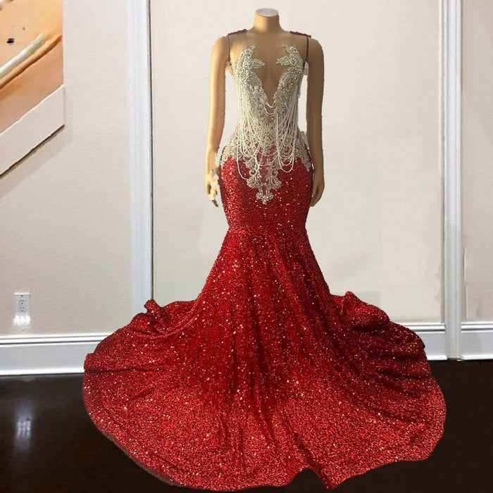 Luxury Red Backless Sparkly Sequin Prom Dresses