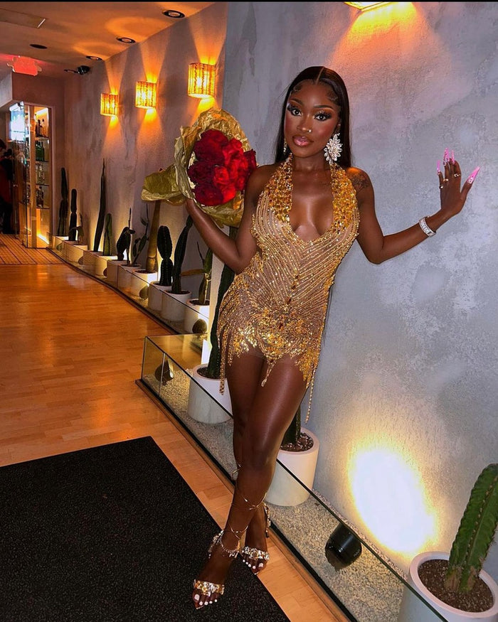 Luxury Sparkly Gold Diamond Rhinestone Birthday Dress